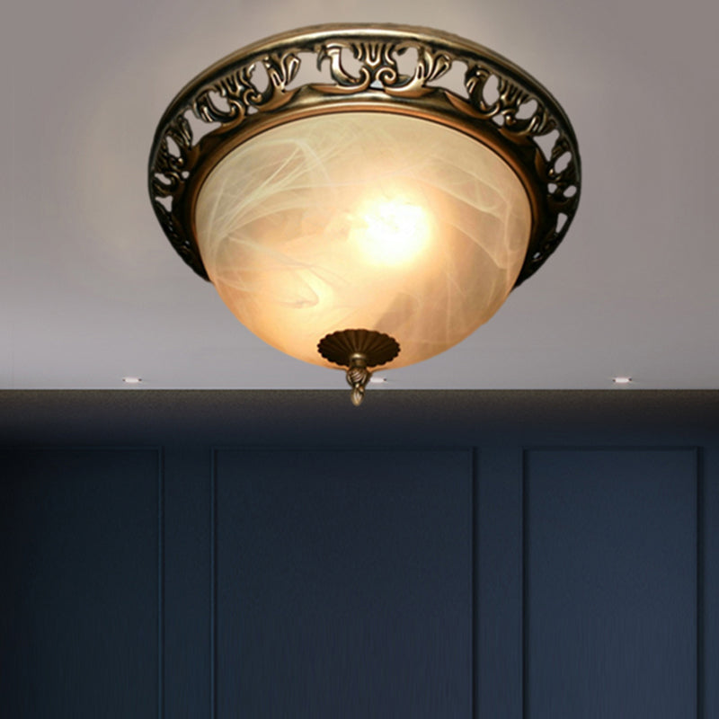 Brass 2 Lights Ceiling Lighting Fixture Traditional Crackle Glass Semi-Orb Flush Mount Lamp for Dining Room Clearhalo 'Ceiling Lights' 'Close To Ceiling Lights' 'Close to ceiling' 'Flush mount' Lighting' 1030526