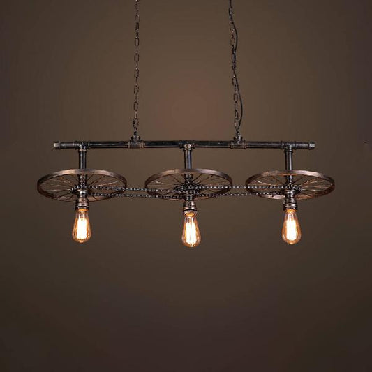 Industrial Bare Bulb Island Pendant Light 3 Lights Metallic Island Light Fixture with Wheel Decoration in Bronze Bronze Clearhalo 'Ceiling Lights' 'Island Lights' Lighting' 103052