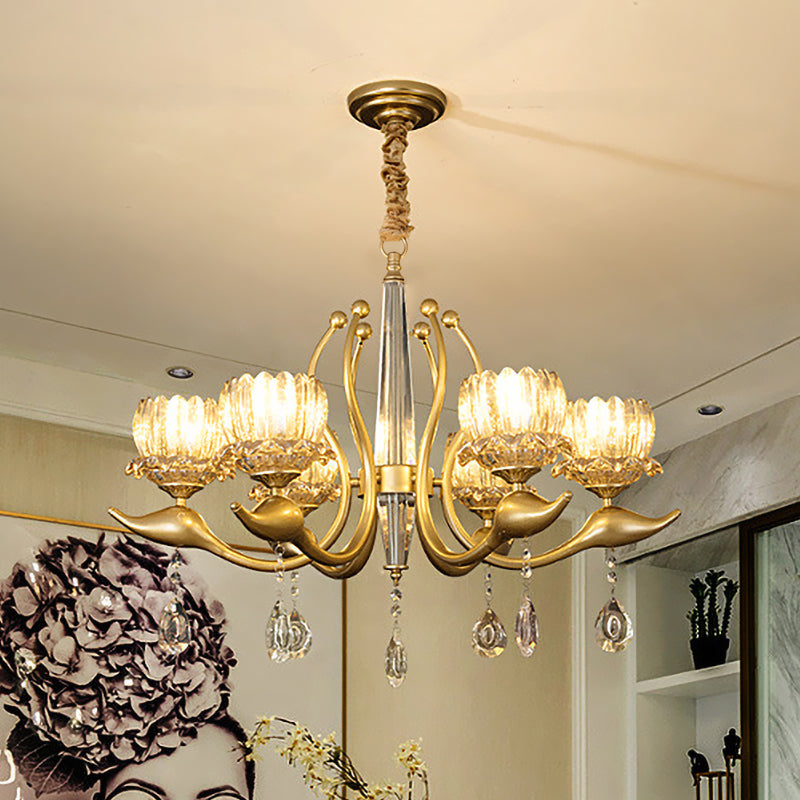 6-Light Lotus Shade Pendulum Light Traditional Gold Finish Clear Crystal Pendant Chandelier Clearhalo 'Ceiling Lights' 'Chandeliers' 'Modern Chandeliers' 'Modern' Lighting' 1031084