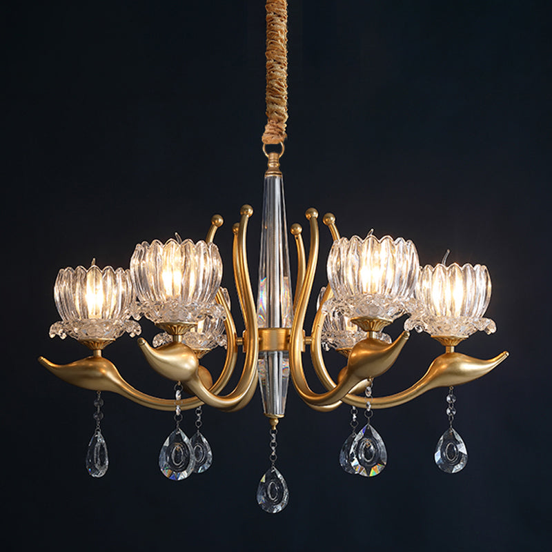 6-Light Lotus Shade Pendulum Light Traditional Gold Finish Clear Crystal Pendant Chandelier Clearhalo 'Ceiling Lights' 'Chandeliers' 'Modern Chandeliers' 'Modern' Lighting' 1031085