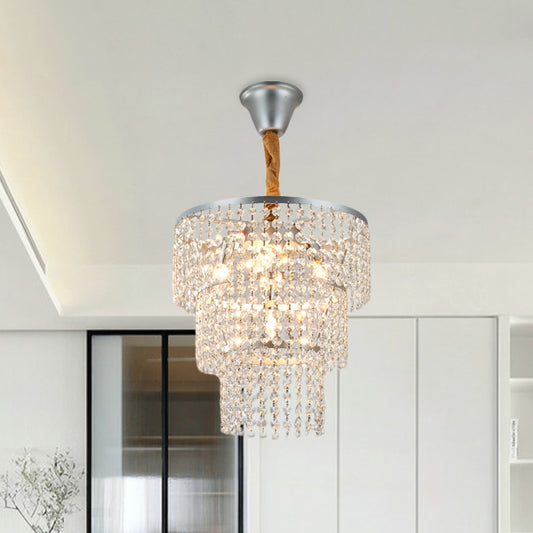 4 Lights Bedroom Suspension Light Modernism Silver Chandelier with 3-Tier Round Crystal Strand Shade Silver Clearhalo 'Ceiling Lights' 'Chandeliers' 'Modern Chandeliers' 'Modern' Lighting' 1031087