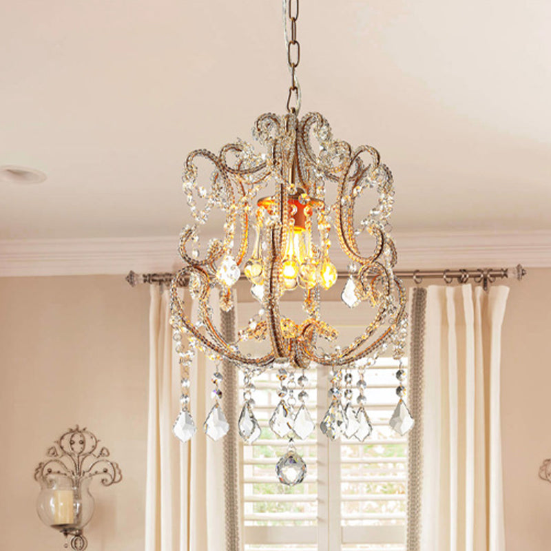 Gold Finish 1 Light Suspension Light Traditional Crystal Beads Scroll Arm Ceiling Pendant Lamp Gold Clearhalo 'Ceiling Lights' 'Pendant Lights' 'Pendants' Lighting' 1031103_8f12ecae-79e0-4985-a182-48ca1ec747d8