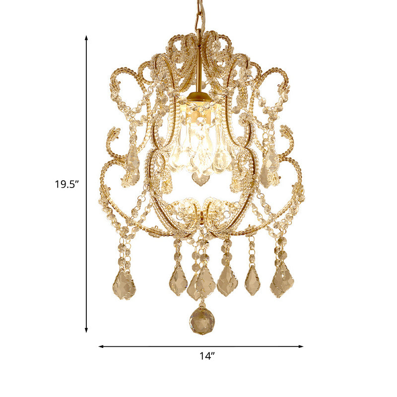 Gold Finish 1 Light Suspension Light Traditional Crystal Beads Scroll Arm Ceiling Pendant Lamp Clearhalo 'Ceiling Lights' 'Pendant Lights' 'Pendants' Lighting' 1031106