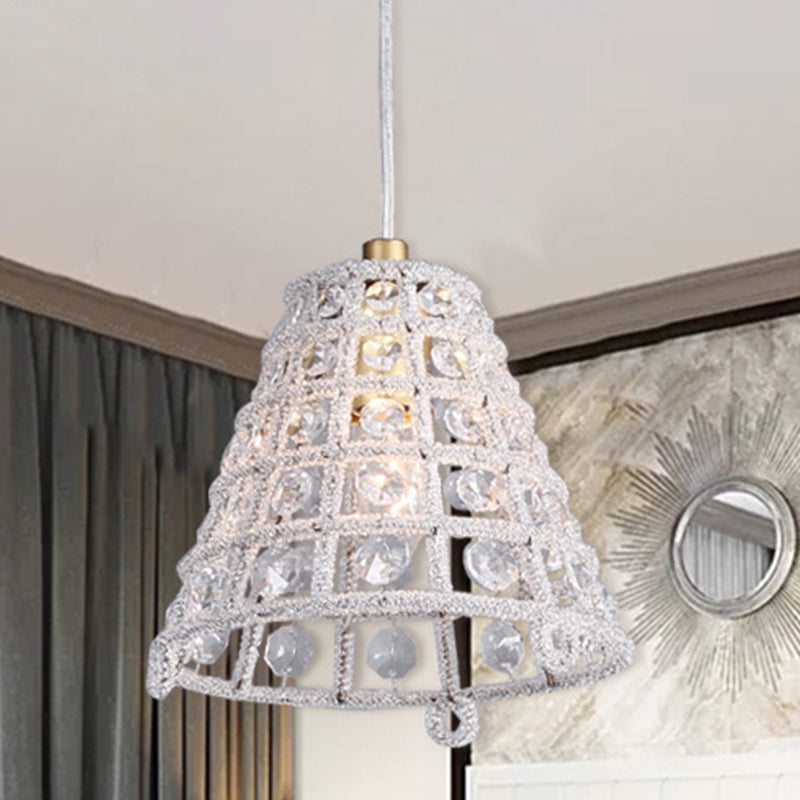 Cone Cage Ceiling Pendant Light Modernist Crystal Bead 1 Bulb Bedroom Pendulum Lamp in Gold Gold Clearhalo 'Ceiling Lights' 'Modern Pendants' 'Modern' 'Pendant Lights' 'Pendants' Lighting' 1031115