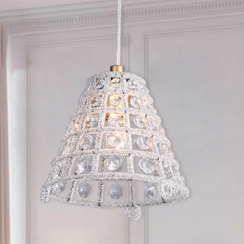 Cone Cage Ceiling Pendant Light Modernist Crystal Bead 1 Bulb Bedroom Pendulum Lamp in Gold Clearhalo 'Ceiling Lights' 'Modern Pendants' 'Modern' 'Pendant Lights' 'Pendants' Lighting' 1031116