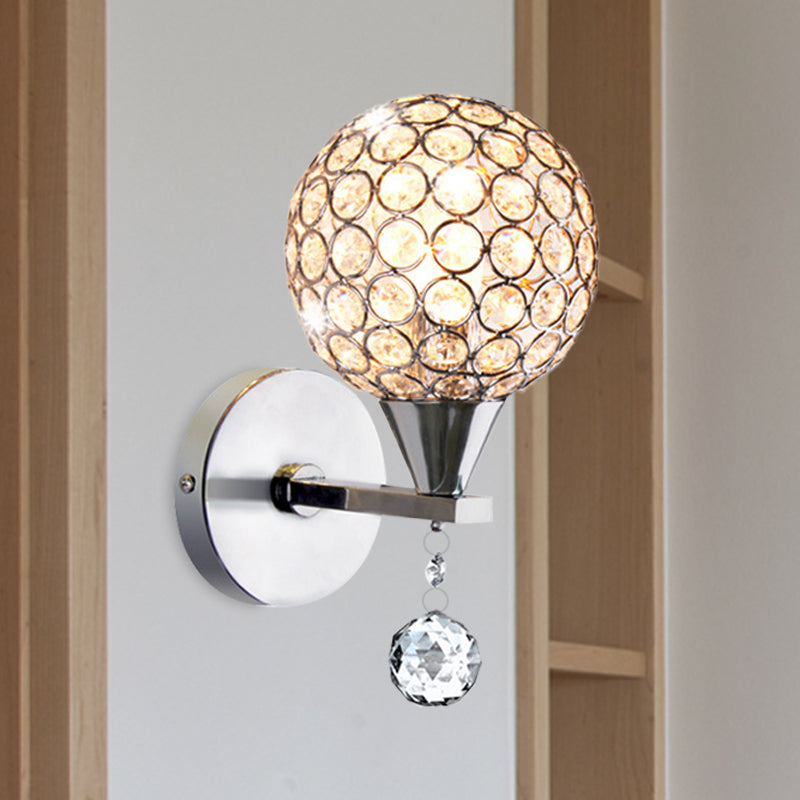 Globe Bedroom Wall Mount Lighting Crystal Encrusted 1 Head Modern Wall Light in Chrome Chrome Clearhalo 'Modern wall lights' 'Modern' 'Wall Lamps & Sconces' 'Wall Lights' Lighting' 1031119