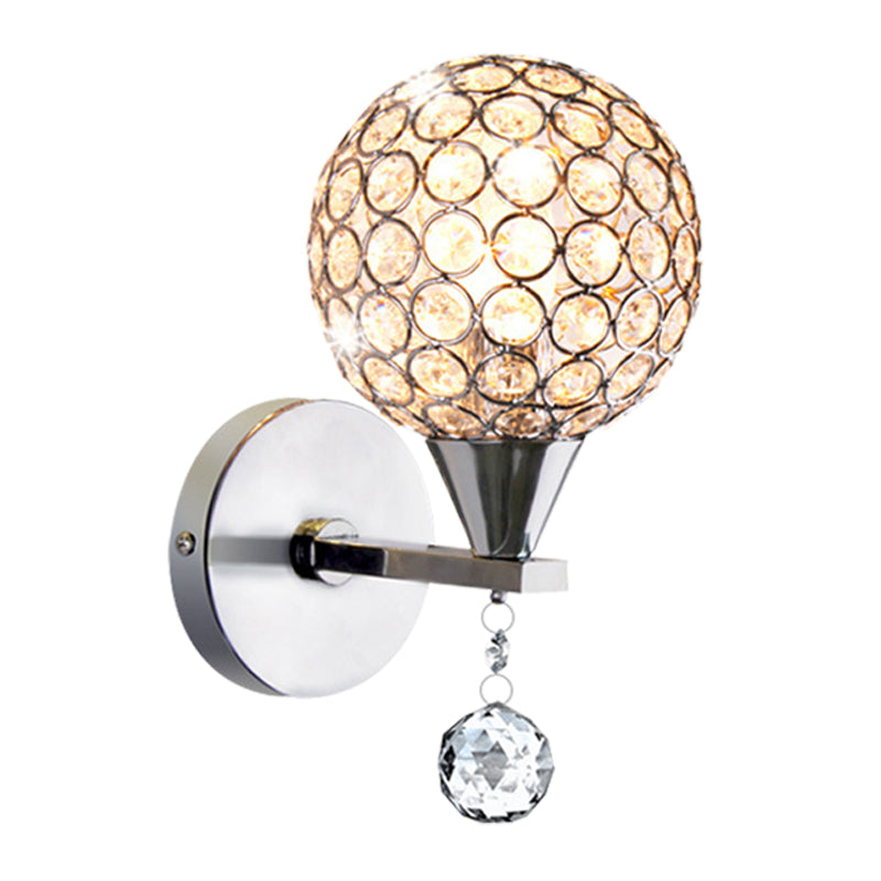 Globe Bedroom Wall Mount Lighting Crystal Encrusted 1 Head Modern Wall Light in Chrome Clearhalo 'Modern wall lights' 'Modern' 'Wall Lamps & Sconces' 'Wall Lights' Lighting' 1031121