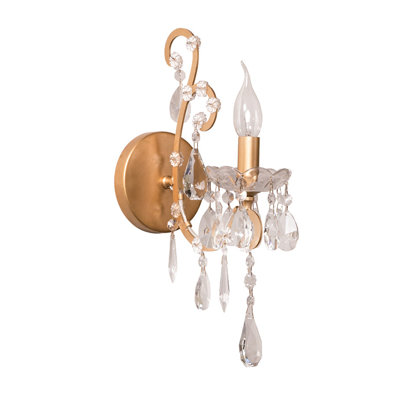 Candelabra Metallic Wall Light Traditional 1-Bulb Hallway Wall Lamp with Crystal Droplet in Gold Clearhalo 'Wall Lamps & Sconces' 'Wall Lights' Lighting' 1031124