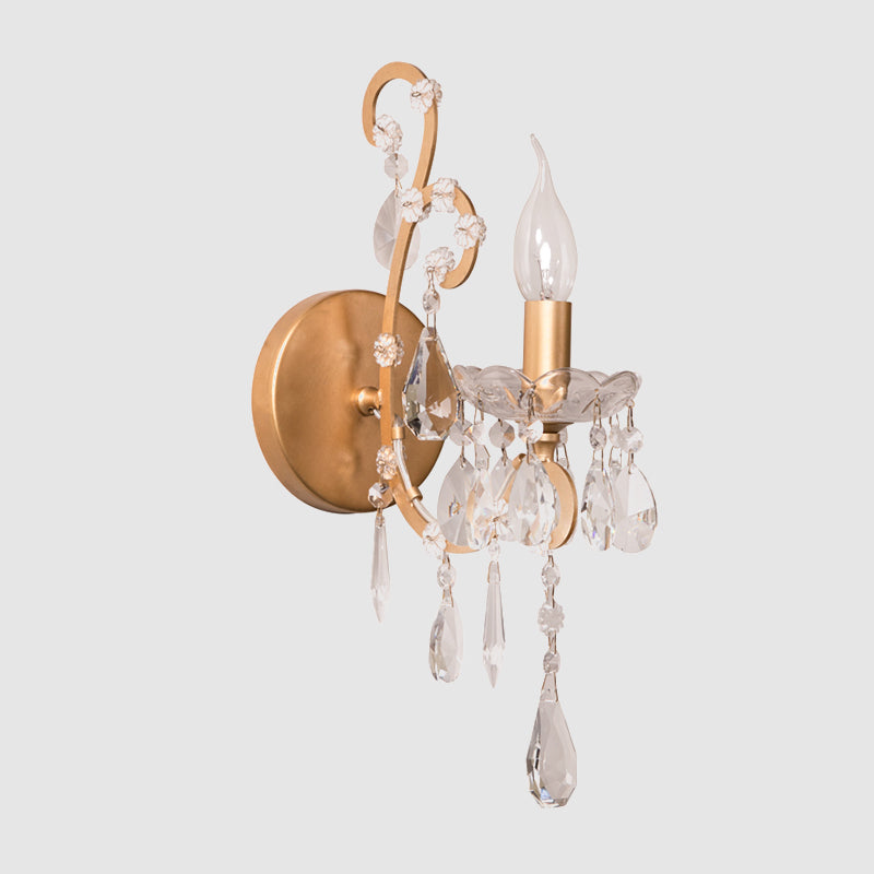 Candelabra Metallic Wall Light Traditional 1-Bulb Hallway Wall Lamp with Crystal Droplet in Gold Clearhalo 'Wall Lamps & Sconces' 'Wall Lights' Lighting' 1031125