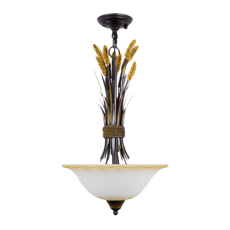 Bowl Shape Bedroom Chandelier Light Traditional Opal Glass 3 Bulbs Black-Gold Hanging Lamp with Wheat Deco Clearhalo 'Ceiling Lights' 'Chandeliers' 'Close To Ceiling Lights' 'Glass shade' 'Glass' Lighting' 1031521