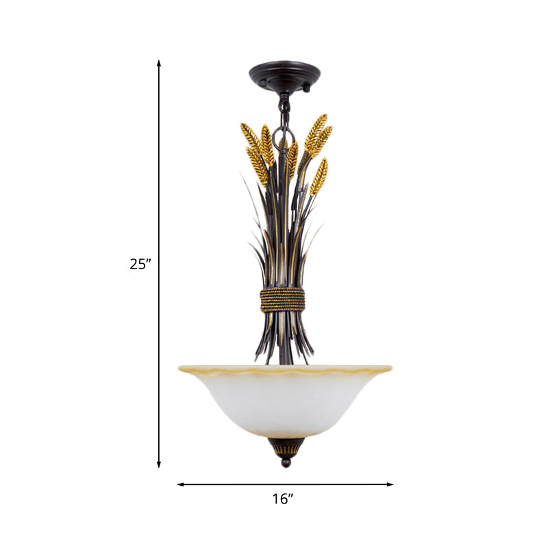 Bowl Shape Bedroom Chandelier Light Traditional Opal Glass 3 Bulbs Black-Gold Hanging Lamp with Wheat Deco Clearhalo 'Ceiling Lights' 'Chandeliers' 'Close To Ceiling Lights' 'Glass shade' 'Glass' Lighting' 1031522