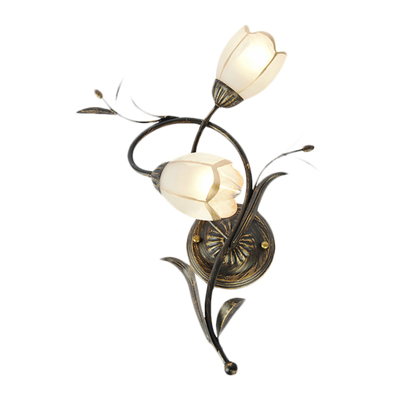 Vintage Flower Wall Sconce Lighting 2 Heads Frosted Glass Wall Light Fixture in Bronze for Living Room, Right/Left Clearhalo 'Wall Lamps & Sconces' 'Wall Lights' Lighting' 1031525