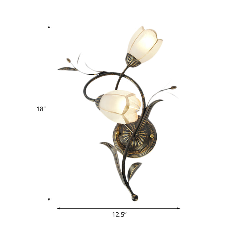 Vintage Flower Wall Sconce Lighting 2 Heads Frosted Glass Wall Light Fixture in Bronze for Living Room, Right/Left Clearhalo 'Wall Lamps & Sconces' 'Wall Lights' Lighting' 1031526