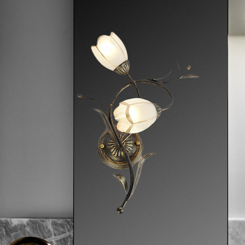 Vintage Flower Wall Sconce Lighting 2 Heads Frosted Glass Wall Light Fixture in Bronze for Living Room, Right/Left Bronze Left Clearhalo 'Wall Lamps & Sconces' 'Wall Lights' Lighting' 1031527