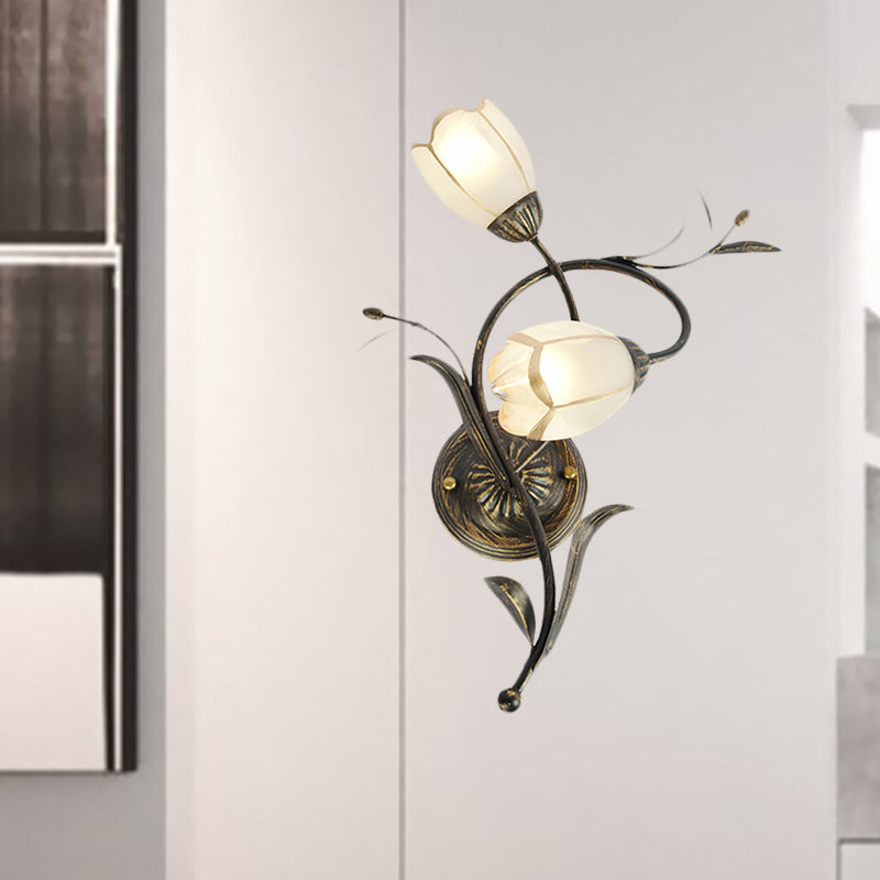 Vintage Flower Wall Sconce Lighting 2 Heads Frosted Glass Wall Light Fixture in Bronze for Living Room, Right/Left Clearhalo 'Wall Lamps & Sconces' 'Wall Lights' Lighting' 1031528