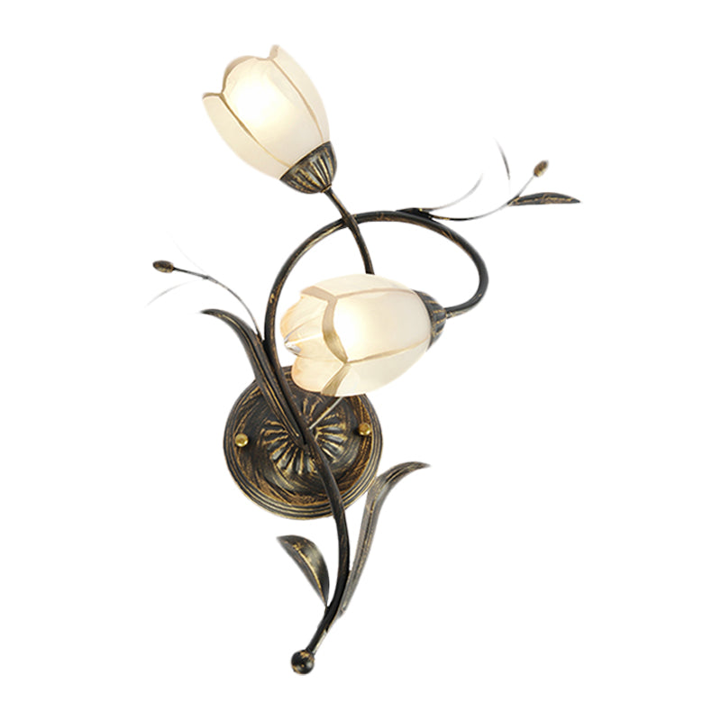 Vintage Flower Wall Sconce Lighting 2 Heads Frosted Glass Wall Light Fixture in Bronze for Living Room, Right/Left Clearhalo 'Wall Lamps & Sconces' 'Wall Lights' Lighting' 1031530