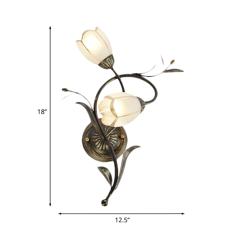 Vintage Flower Wall Sconce Lighting 2 Heads Frosted Glass Wall Light Fixture in Bronze for Living Room, Right/Left Clearhalo 'Wall Lamps & Sconces' 'Wall Lights' Lighting' 1031531