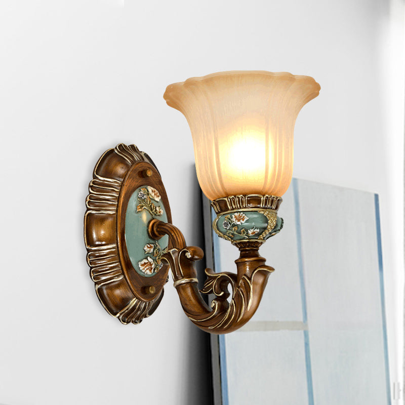 Fluted Glass Floral Wall Light Fixture Vintage 1/2-Head Bedside Wall Mount Lighting in Brown 1.0 Brown Clearhalo 'Wall Lamps & Sconces' 'Wall Lights' Lighting' 1031536