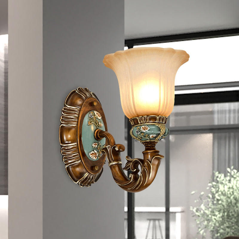 Fluted Glass Floral Wall Light Fixture Vintage 1/2-Head Bedside Wall Mount Lighting in Brown Clearhalo 'Wall Lamps & Sconces' 'Wall Lights' Lighting' 1031537