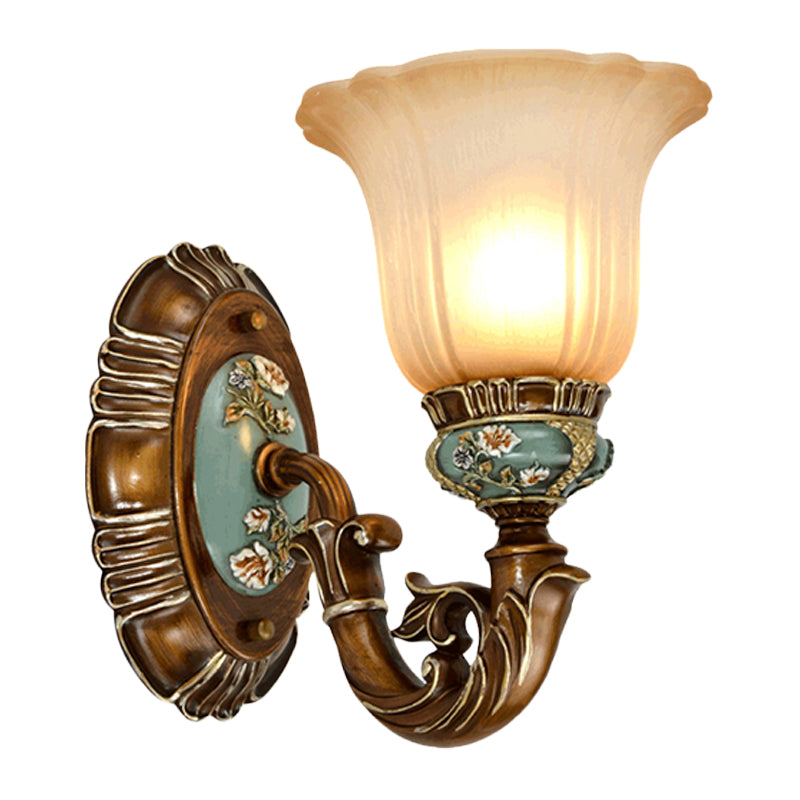 Fluted Glass Floral Wall Light Fixture Vintage 1/2-Head Bedside Wall Mount Lighting in Brown Clearhalo 'Wall Lamps & Sconces' 'Wall Lights' Lighting' 1031538