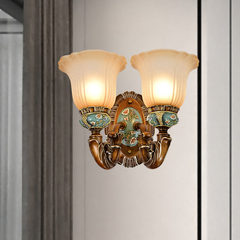 Fluted Glass Floral Wall Light Fixture Vintage 1/2-Head Bedside Wall Mount Lighting in Brown Clearhalo 'Wall Lamps & Sconces' 'Wall Lights' Lighting' 1031541