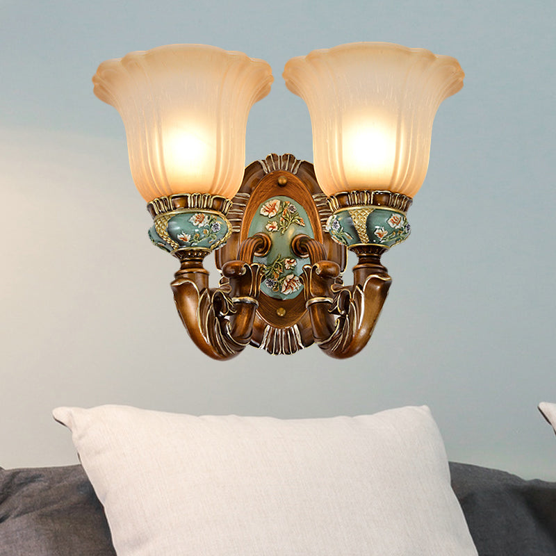 Fluted Glass Floral Wall Light Fixture Vintage 1/2-Head Bedside Wall Mount Lighting in Brown Clearhalo 'Wall Lamps & Sconces' 'Wall Lights' Lighting' 1031542