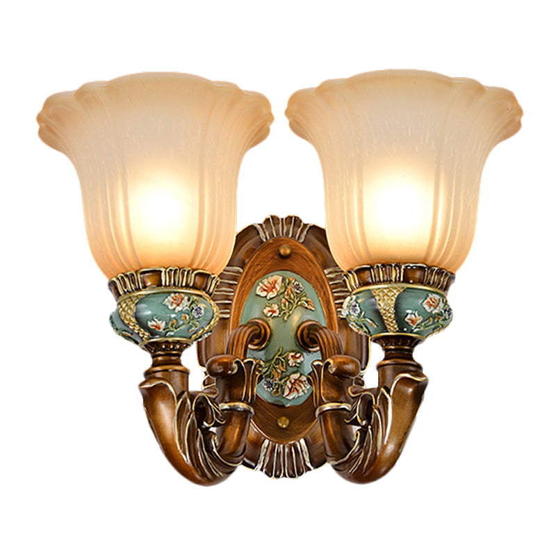 Fluted Glass Floral Wall Light Fixture Vintage 1/2-Head Bedside Wall Mount Lighting in Brown Clearhalo 'Wall Lamps & Sconces' 'Wall Lights' Lighting' 1031543