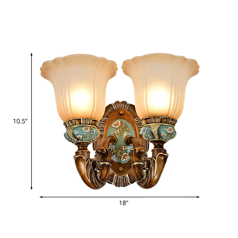 Fluted Glass Floral Wall Light Fixture Vintage 1/2-Head Bedside Wall Mount Lighting in Brown Clearhalo 'Wall Lamps & Sconces' 'Wall Lights' Lighting' 1031544