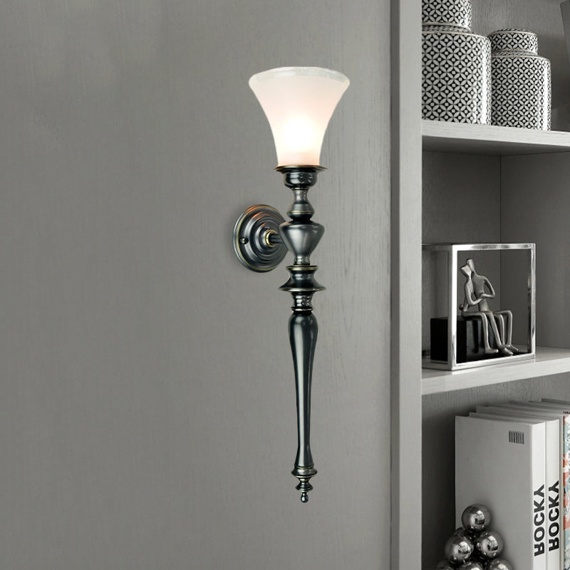 1 Bulb Sconce Light Fixture with Tapered Milky Glass Vintage Wall Mount Lamp in Black Black Clearhalo 'Wall Lamps & Sconces' 'Wall Lights' Lighting' 1031553