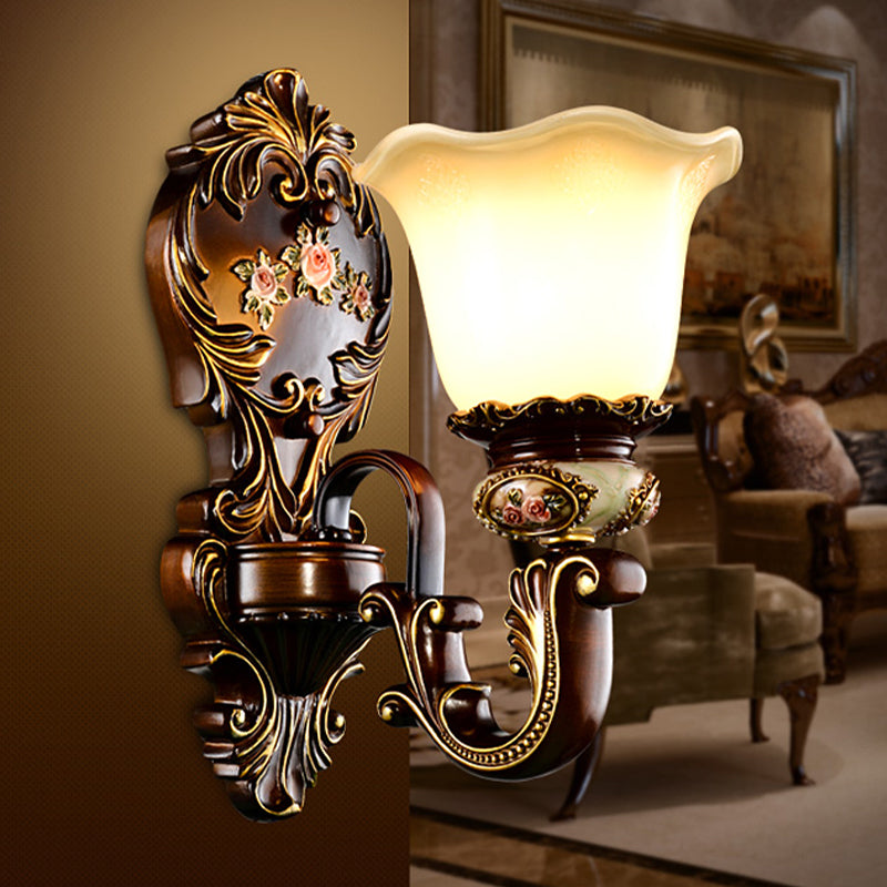 Brown 1/2 Heads Wall Lighting Countryside Frosted Glass Bloom Sconce Light Fixture for Bedroom 1.0 Brown Clearhalo 'Wall Lamps & Sconces' 'Wall Lights' Lighting' 1031557