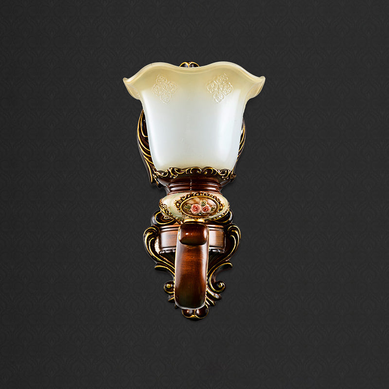 Brown 1/2 Heads Wall Lighting Countryside Frosted Glass Bloom Sconce Light Fixture for Bedroom Clearhalo 'Wall Lamps & Sconces' 'Wall Lights' Lighting' 1031559