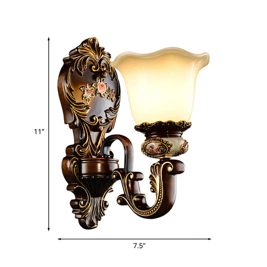 Brown 1/2 Heads Wall Lighting Countryside Frosted Glass Bloom Sconce Light Fixture for Bedroom Clearhalo 'Wall Lamps & Sconces' 'Wall Lights' Lighting' 1031560