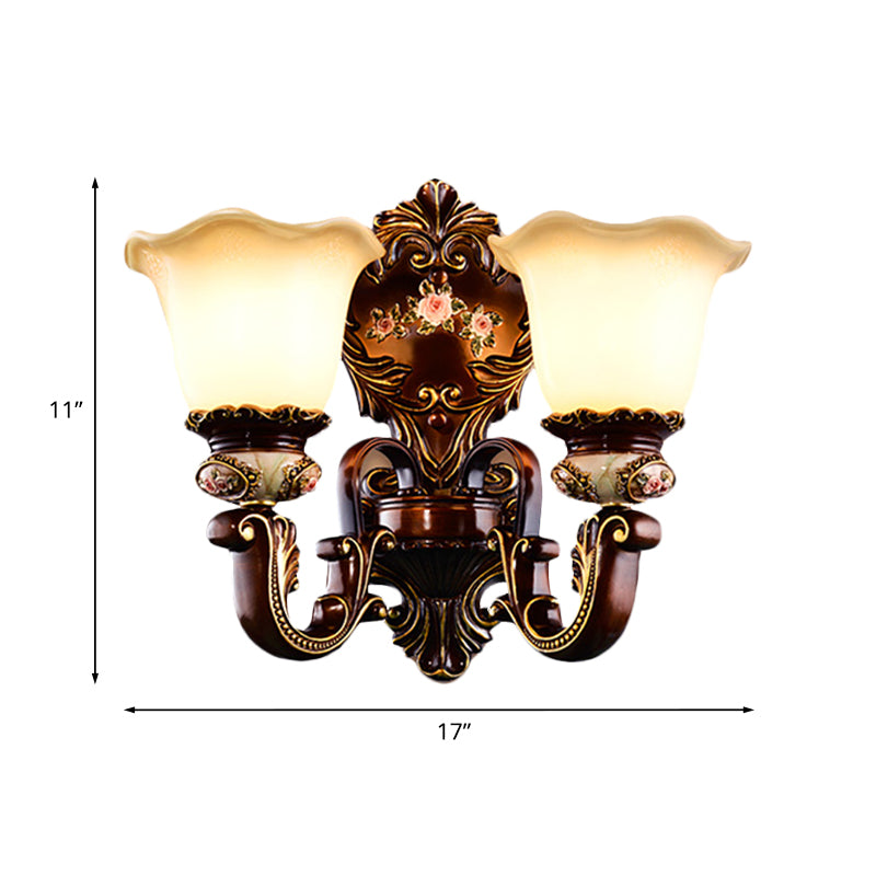 Brown 1/2 Heads Wall Lighting Countryside Frosted Glass Bloom Sconce Light Fixture for Bedroom Clearhalo 'Wall Lamps & Sconces' 'Wall Lights' Lighting' 1031565