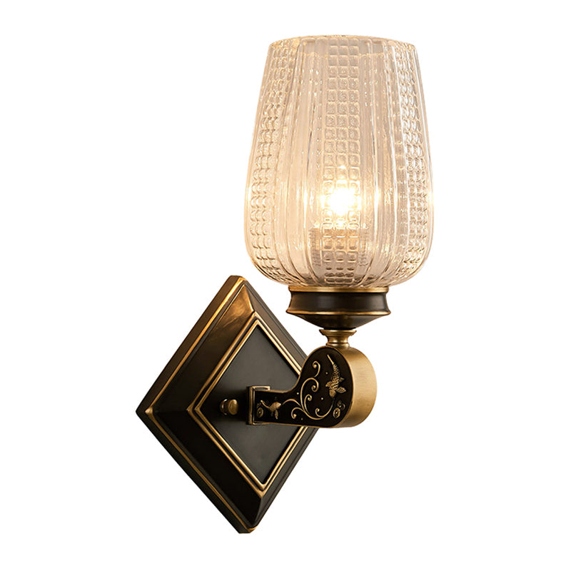 Prismatic Glass Cup-Like Sconce Light Minimalism 1 Bulb Living Room Wall Mounted Lamp with Rhombus Backplate in Black and Gold Clearhalo 'Wall Lamps & Sconces' 'Wall Lights' Lighting' 1031568