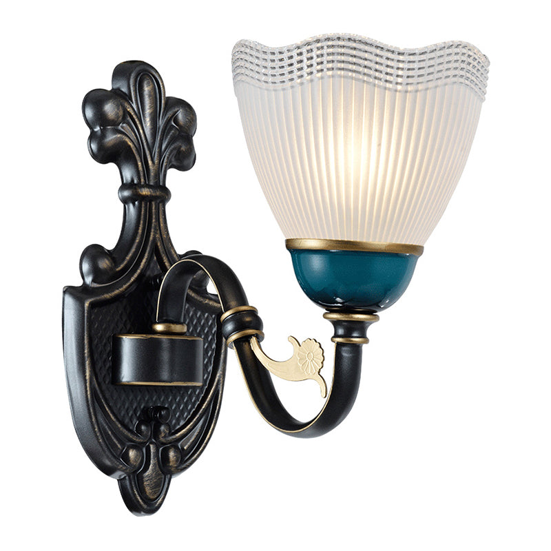 1/2-Head Scalloped Pleated Wall Mount Lamp Traditional Black Ribbed Glass Sconce Light with Curvy Arm Clearhalo 'Wall Lamps & Sconces' 'Wall Lights' Lighting' 1031571