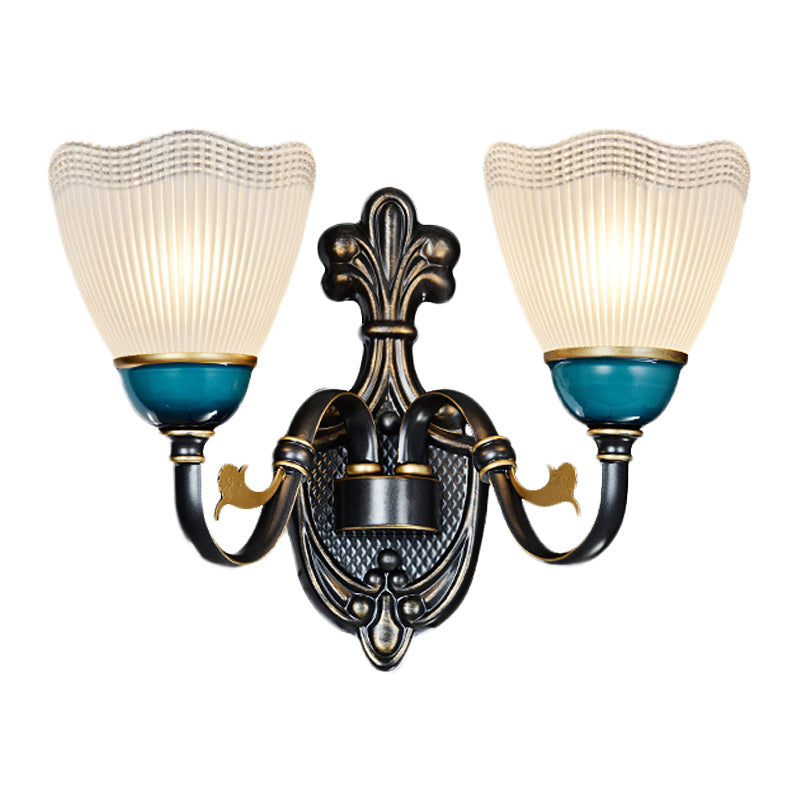 1/2-Head Scalloped Pleated Wall Mount Lamp Traditional Black Ribbed Glass Sconce Light with Curvy Arm Clearhalo 'Wall Lamps & Sconces' 'Wall Lights' Lighting' 1031577