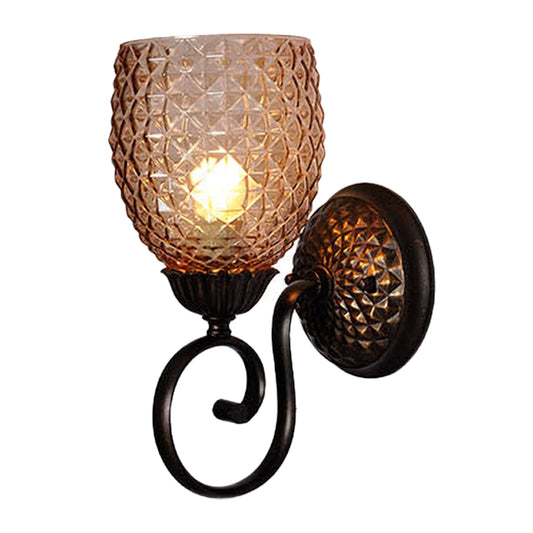 Dome Lattice Glass Sconce Light Fixture Classic 1-Bulb Living Room Wall Lamp with Scrolled Arm in Black Clearhalo 'Wall Lamps & Sconces' 'Wall Lights' Lighting' 1031581