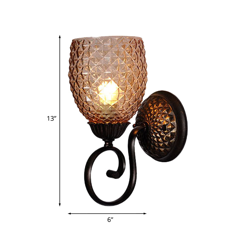 Dome Lattice Glass Sconce Light Fixture Classic 1-Bulb Living Room Wall Lamp with Scrolled Arm in Black Clearhalo 'Wall Lamps & Sconces' 'Wall Lights' Lighting' 1031582