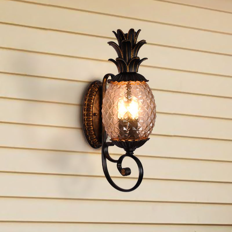 Black 3-Light Wall Sconce Vintage Lattice Glass Pineapple Shape Wall Mount Lighting with Swirled Arm Black Clearhalo 'Wall Lamps & Sconces' 'Wall Lights' Lighting' 1031583