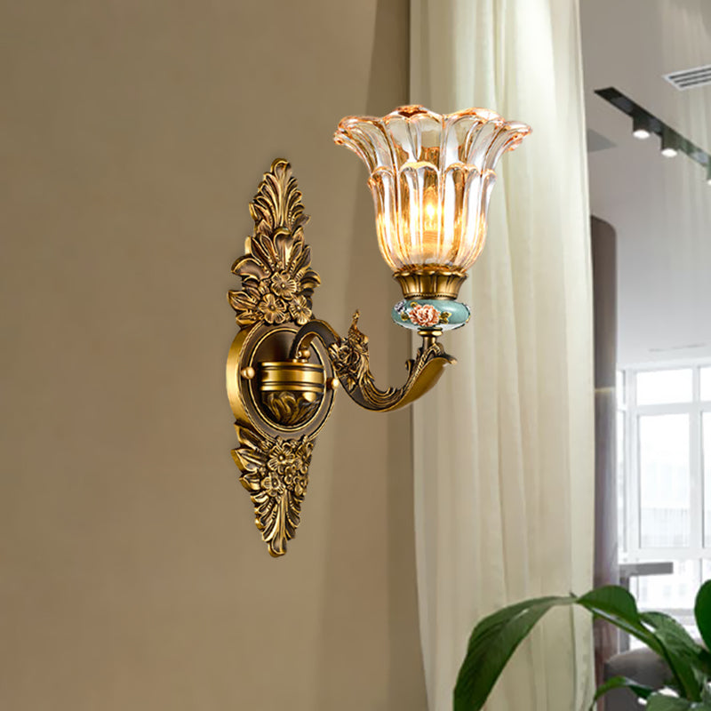 Brass 1/2 Heads Sconce Light Retro Style Ribbed Glass Flower Wall Mount Lamp with Swooping Arm Clearhalo 'Wall Lamps & Sconces' 'Wall Lights' Lighting' 1031588