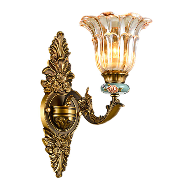 Brass 1/2 Heads Sconce Light Retro Style Ribbed Glass Flower Wall Mount Lamp with Swooping Arm Clearhalo 'Wall Lamps & Sconces' 'Wall Lights' Lighting' 1031589