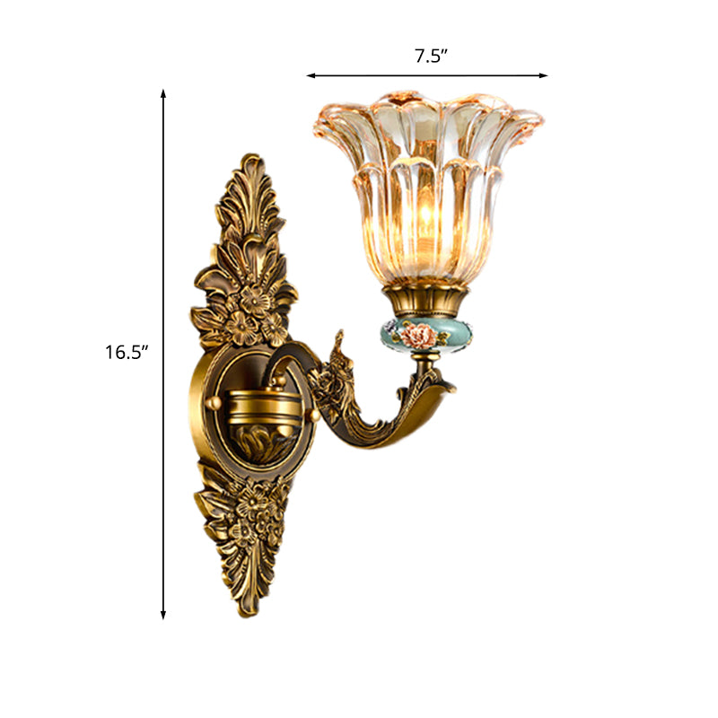 Brass 1/2 Heads Sconce Light Retro Style Ribbed Glass Flower Wall Mount Lamp with Swooping Arm Clearhalo 'Wall Lamps & Sconces' 'Wall Lights' Lighting' 1031590