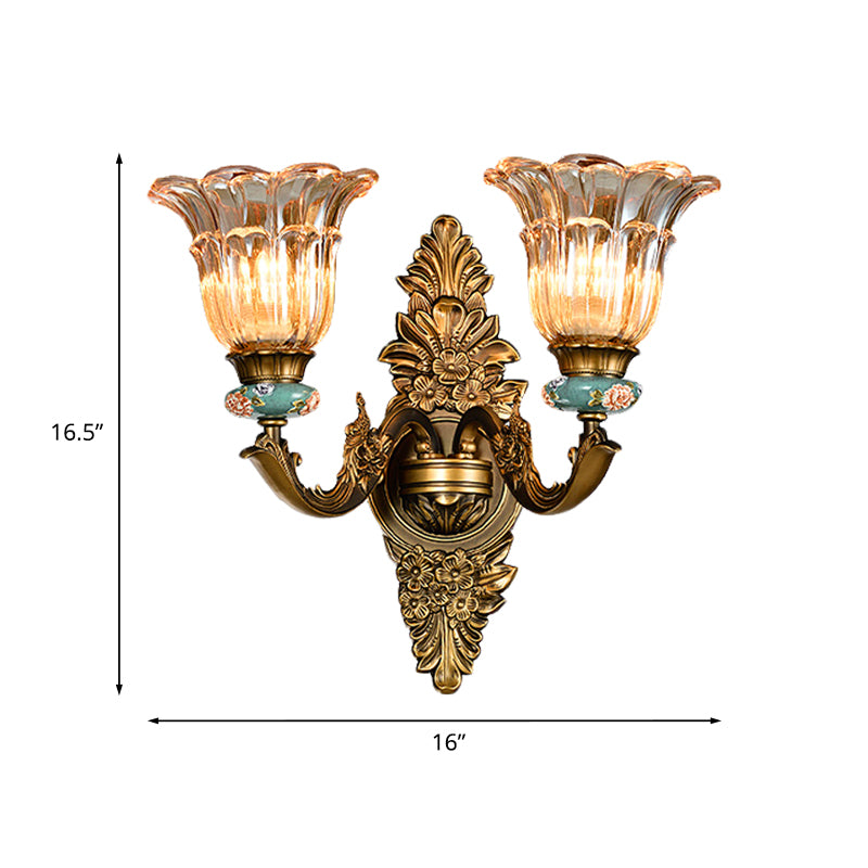 Brass 1/2 Heads Sconce Light Retro Style Ribbed Glass Flower Wall Mount Lamp with Swooping Arm Clearhalo 'Wall Lamps & Sconces' 'Wall Lights' Lighting' 1031595