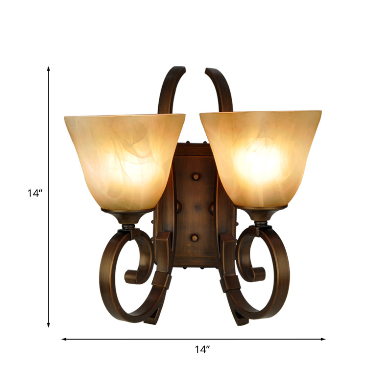 Minimalism Tapered Sconce Lighting 2 Lights Crackled Glass Wall Lamp Fixture with Scrolled Arm in Bronze Clearhalo 'Wall Lamps & Sconces' 'Wall Lights' Lighting' 1031607