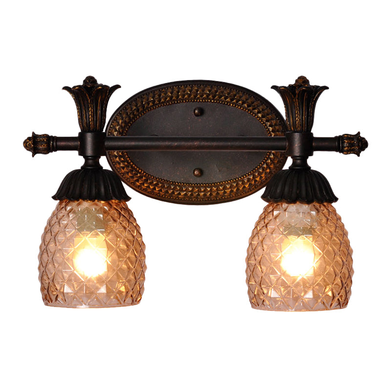 2-Head Pineapple-Like Wall Lamp Traditional Rust Prismatic Glass Vanity Mirror Light for Bathroom Clearhalo 'Vanity Lights' 'Wall Lights' Lighting' 1031610