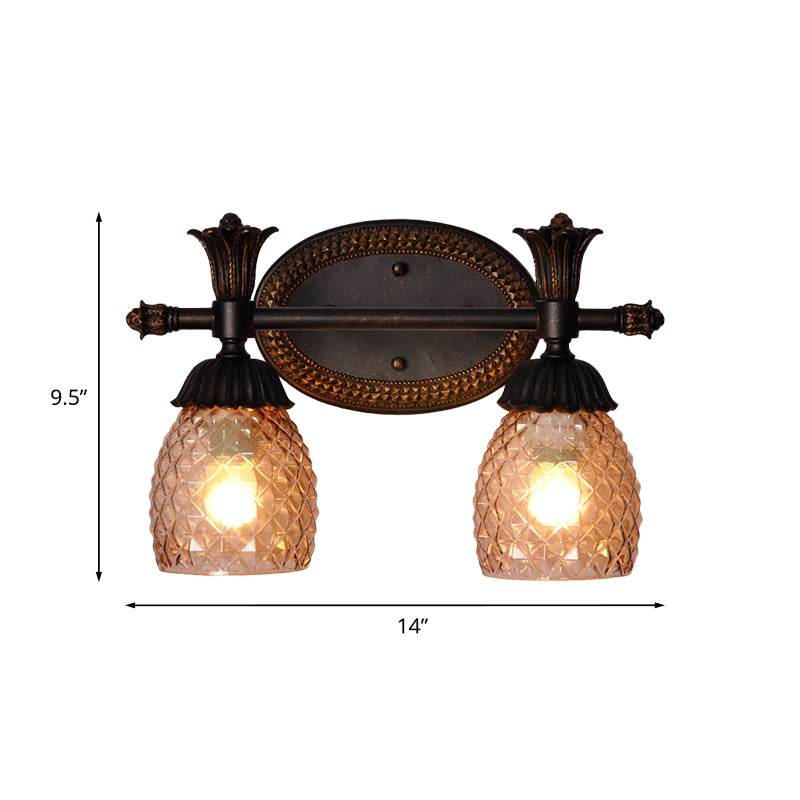 2-Head Pineapple-Like Wall Lamp Traditional Rust Prismatic Glass Vanity Mirror Light for Bathroom Clearhalo 'Vanity Lights' 'Wall Lights' Lighting' 1031611