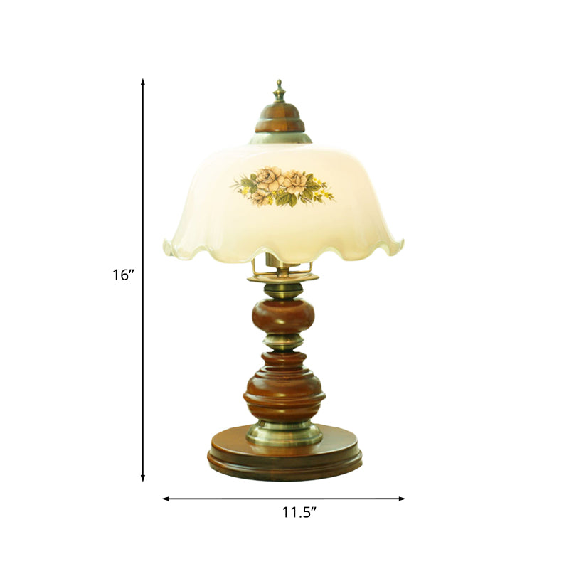 Opal Glass Brown Scalloped Table Lighting Dome 1-Bulb Classic Reading Book Light with Baluster Design Clearhalo 'Lamps' 'Table Lamps' Lighting' 1031639