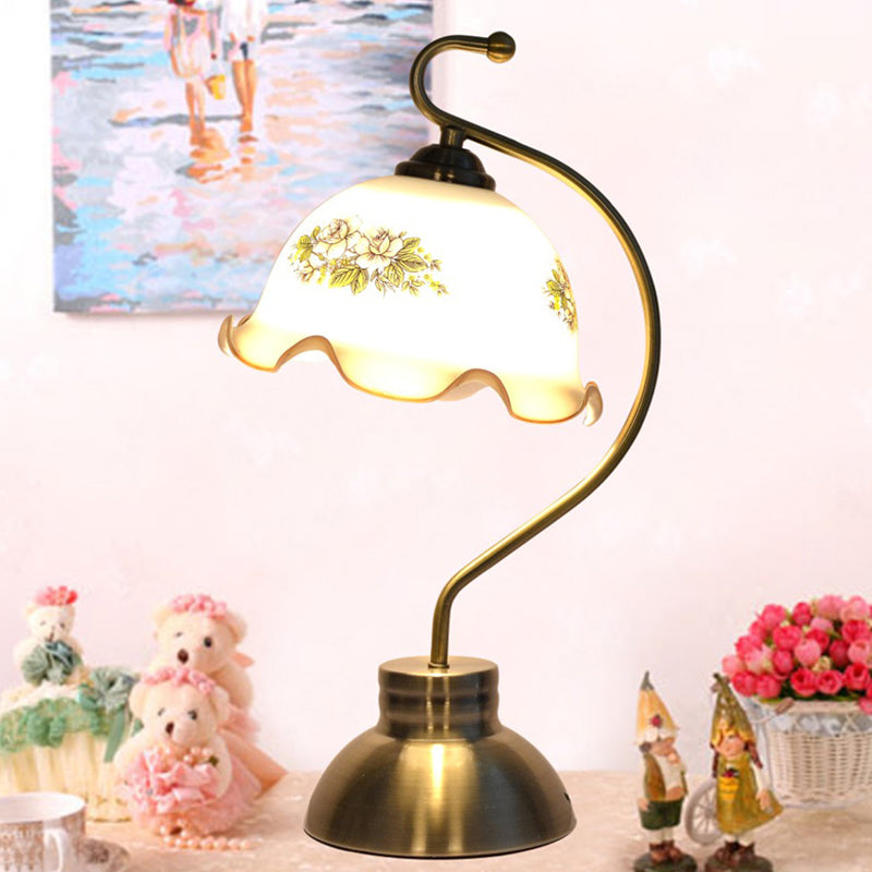 1-Head Bowl-Like Night Light Traditional Brushed Brass Milky Glass Scalloped Table Lamp for Study Room Clearhalo 'Lamps' 'Table Lamps' Lighting' 1031645