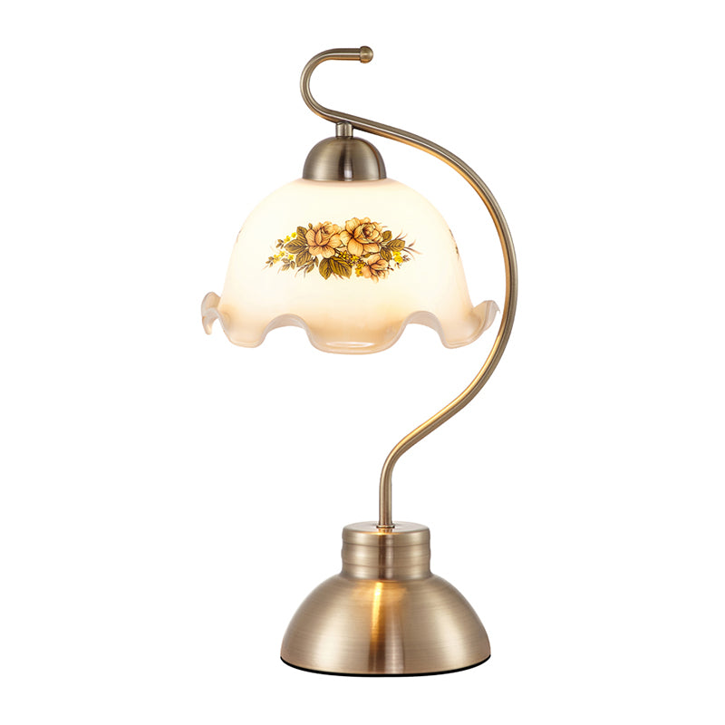 1-Head Bowl-Like Night Light Traditional Brushed Brass Milky Glass Scalloped Table Lamp for Study Room Clearhalo 'Lamps' 'Table Lamps' Lighting' 1031646