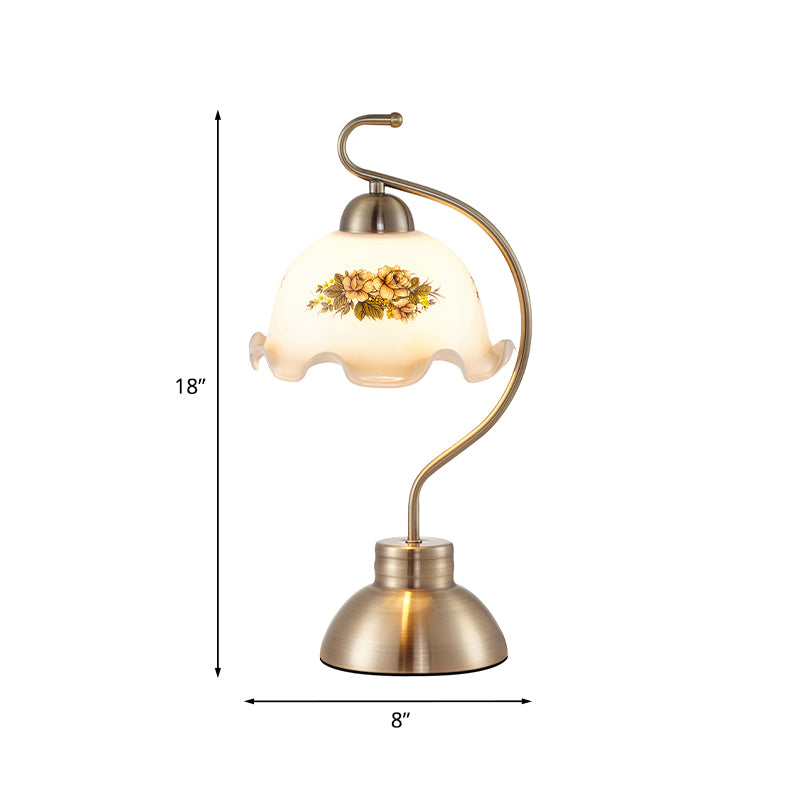 1-Head Bowl-Like Night Light Traditional Brushed Brass Milky Glass Scalloped Table Lamp for Study Room Clearhalo 'Lamps' 'Table Lamps' Lighting' 1031647